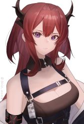 Rule 34 | 1girl, arknights, bad id, bad twitter id, bare shoulders, black collar, black dress, black jacket, blush, breasts, cleavage, closed mouth, collar, commentary, demon horns, detached collar, dress, highres, horns, id card, jacket, long hair, looking at viewer, medium breasts, off shoulder, open clothes, open jacket, purple eyes, red hair, simple background, solo, suiua, surtr (arknights), twitter username, upper body, white background