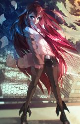 Rule 34 | 1girl, ankle boots, blue eyes, boots, chain-link fence, fence, highres, long hair, makise kurisu, necktie, pantyhose, red hair, rtil, shorts, solo, steins;gate, very long hair