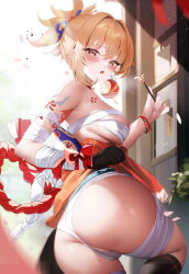 Rule 34 | 1girl, :o, absurdres, ass, bandages, bare shoulders, black gloves, black socks, blonde hair, blush, breasts, cameltoe, commentary request, fantongjun, from behind, genshin impact, gloves, hair ornament, highres, holding, kneehighs, large breasts, looking at viewer, looking back, medium hair, open mouth, panties, ponytail, single glove, socks, solo, thighs, underwear, white panties, yoimiya (genshin impact)