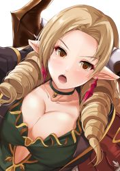 Rule 34 | 1girl, blonde hair, breasts, choker, cleavage, draph, dress, drill hair, earrings, granblue fantasy, green dress, horns, jewelry, kanzaki kureha, large breasts, long hair, maria theresa (granblue fantasy), open mouth, pendant, pointy ears, ringlets, solo, tagme, yellow eyes
