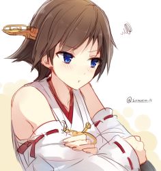 Rule 34 | 10s, 1girl, bad id, bad twitter id, blue eyes, brown hair, hiei (kancolle), hiiragi souren, japanese clothes, kantai collection, nontraditional miko, pout, short hair, solo