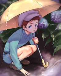 Rule 34 | absurdres, amuro ray, child, gundam, highres, looking at viewer, male focus, mobile suit gundam, mobile suit gundam the origin, oliolio, rain, short hair, solo, umbrella, aged down