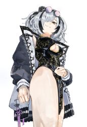Rule 34 | 1girl, absurdres, arknights, black hair, china dress, chinese clothes, commentary, dress, english commentary, eyewear on head, feater (arknights), grey hair, hair over one eye, highres, jacket, looking at viewer, monmon (sleepymonmon), multicolored hair, open clothes, open jacket, short hair, solo, white background, yellow eyes
