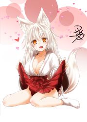Rule 34 | 1girl, animal ears, bare legs, blush, breasts, cleavage, clothes lift, collarbone, commentary request, fox ears, fox tail, hair between eyes, heart, holding, holding clothes, holding skirt, japanese clothes, kohaku (yua), large breasts, looking at viewer, miko, no panties, open mouth, original, red skirt, shirt, signature, sitting, skirt, socks, solo, tail, wariza, white hair, white shirt, white socks, yellow eyes, yua (checkmate)
