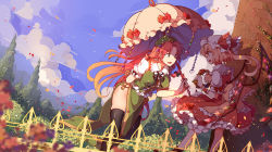 Rule 34 | 2girls, :d, arm behind back, black legwear, blonde hair, blue sky, blurry, bow, braid, breasts, cloud, cloudy sky, depth of field, dutch angle, covered erect nipples, flandre scarlet, flower, frills, green eyes, hair bow, hair ribbon, hat, holding, hong meiling, large breasts, leaning forward, long hair, mob cap, multiple girls, open mouth, parasol, petals, red hair, ribbon, shade, side ponytail, sky, smile, thighhighs, touhou, tree, twin braids, umbrella, very long hair, wind, wings, yetworldview kaze