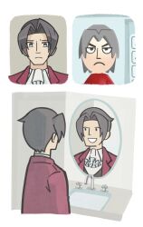 Rule 34 | 1boy, absurdres, ace attorney, ascot, commentary, curtained hair, english commentary, fizzi ly, frown, highres, jacket, looking at mirror, mii (nintendo), miles edgeworth, mirror, multiple views, nintendo, red jacket, sink, smile, v-shaped eyebrows, white ascot