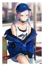 Rule 34 | 1girl, baseball cap, black choker, black tank top, blue hair, blue hat, blue jacket, blue nails, blunt bangs, blush, border, choker, collarbone, colored inner hair, earrings, expressionless, handrail, hat, highres, isshiki (ffmania7), jacket, jewelry, lize helesta, lize helesta (8th costume), multicolored hair, nijisanji, off shoulder, open clothes, open jacket, purple eyes, sidelocks, signature, sitting, sitting on object, sleeves past wrists, solo, streaked hair, tank top, virtual youtuber, white border, white hair, white tank top, wing print