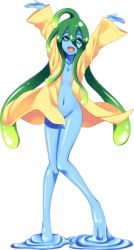 Rule 34 | 1girl, ahoge, artist request, blue skin, breasts, colored skin, full body, green eyes, green hair, long hair, monster girl, monster musume no iru nichijou, monster musume no iru nichijou online, naked raincoat, official art, open mouth, raincoat, slime girl, small breasts, solo, suu (monster musume), tentacle hair, transparent background, very long hair, yellow raincoat