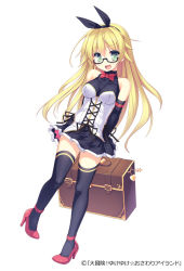 Rule 34 | 1girl, :d, bare shoulders, belt, black ribbon, black skirt, black thighhighs, blonde hair, bow, bowtie, buckle, daibouken! yukeyuke osawari island, elbow gloves, full body, glasses, gloves, green eyes, hair ribbon, hairband, high heels, holding, holding behind back, long hair, looking at viewer, ochinsama, official art, open mouth, original, red bow, red bowtie, ribbon, skin tight, skirt, smile, solo, standing, suitcase, thighhighs, watermark, zettai ryouiki