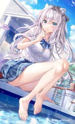 Rule 34 | 1girl, animal ears, bare legs, barefoot, blue bow, blue bowtie, blue eyes, blue skirt, blue sky, bow, bowtie, breasts, bucket, cloud, commentary request, day, fujima takuya, grey hair, hair bobbles, hair ornament, legs, long hair, looking at viewer, medium breasts, original, outdoors, plaid, plaid skirt, pool, shirt, short sleeves, sitting, skirt, sky, solo, tail, toes, twitter username, water, white hair, white shirt