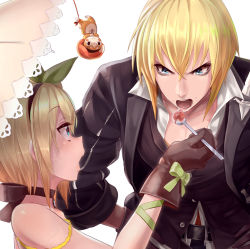 Rule 34 | 10s, 1boy, 1girl, bare shoulders, black neckwear, blonde hair, blue eyes, blush, brother and sister, choker, coat, commentary request, dress, edna (tales), eizen (tales), feeding, food, gloves, hair ribbon, hairband, hetero, highres, normin (tales), open mouth, pecolondon, ribbon, shaved ice, short hair, siblings, side ponytail, simple background, spoon, tales of (series), tales of berseria, tales of zestiria, umbrella, white background, white dress