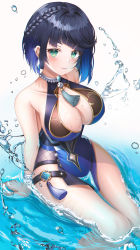 Rule 34 | 1girl, bare arms, bare shoulders, black hair, blue one-piece swimsuit, blunt bangs, braid, breasts, cleavage, closed mouth, collarbone, earrings, genshin impact, gradient hair, green eyes, highres, jewelry, large breasts, looking at viewer, mole, mole on breast, multicolored hair, one-piece swimsuit, revision, short hair, sitting, solo, ssong2, swimsuit, tassel, thighs, vision (genshin impact), water, wet, yelan (genshin impact)