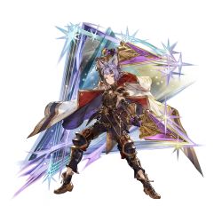 Rule 34 | 1boy, androgynous, animal ears, black footwear, black gloves, black pants, braid, cape, cat ears, closed mouth, dagger, diamond (shape), dual wielding, elbow gloves, erune, french braid, full body, gloves, granblue fantasy, hair intakes, hair ornament, holding, holding weapon, hood, hood down, knee pads, knife, male focus, minaba hideo, official art, pants, purple eyes, purple hair, feower (granblue fantasy), sheath, shoes, sleeveless, solo, space, standing, star (sky), transparent background, turtleneck, unsheathed, weapon