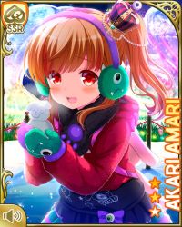Rule 34 | 1girl, amari akari, black legwear, bow, brown hair, card (medium), character name, collarbone, earmuffs, female focus, frilled skirt, frills, girlfriend (kari), gloves, hair ornament, holding, hood, hood down, hoodie, ice, jacket, looking at viewer, multicolored hair, night, official art, open mouth, outdoors, ponytail, qp:flapper, red eyes, red jacket, shirt, short hair, side ponytail, sidelocks, skirt, smile, snow, solo, standing, streaked hair, stuffed animal, stuffed toy, tagme, teddy bear, winter clothes