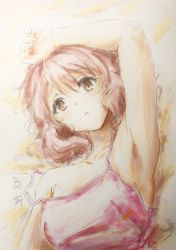 Rule 34 | 1girl, arm up, armpits, bare shoulders, blush, brown eyes, brown hair, camisole, collarbone, color ink (medium), hibike! euphonium, highres, looking at viewer, lying, medium hair, nii manabu, on back, oumae kumiko, parted lips, pink camisole, sleeveless, solo, spaghetti strap, strap slip, traditional media