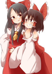 Rule 34 | 2girls, benikurage (cookie), black hair, blush, bow, brown eyes, brown hair, commentary, cookie (touhou), detached sleeves, dress, foot out of frame, frilled bow, frilled shirt collar, frills, grin, hair bow, hakurei reimu, highres, long hair, looking at another, multiple girls, necktie, open mouth, red bow, red dress, red shirt, red skirt, sananana (cookie), shirt, short hair, simple background, skirt, sleeveless, sleeveless dress, smile, touhou, white background, white sleeves, yellow necktie, yumekamaborosh