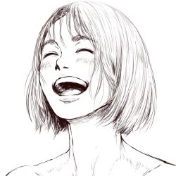 Rule 34 | 1girl, :d, blush, bob cut, completely nude, greyscale, laughing, medium hair, monochrome, nude, open mouth, original, portrait, shu-mai, simple background, smile, solo, white background
