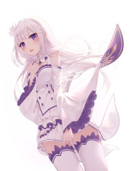 Rule 34 | 1girl, bare shoulders, braid, breasts, cowboy shot, detached collar, elf, emilia (re:zero), floating hair, french braid, frown, hair ornament, hand on own chest, hand up, highres, long hair, long sleeves, looking at viewer, miniskirt, momingie, open mouth, pleated skirt, pointy ears, purple eyes, re:zero kara hajimeru isekai seikatsu, shirt, sidelocks, simple background, skirt, small breasts, solo, sweat, thighhighs, white background, white hair, white shirt, white skirt, white thighhighs, wide sleeves, zettai ryouiki