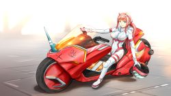 Rule 34 | 10s, 1girl, akira (manga), anomonny, aqua eyes, biker clothes, bikesuit, bodysuit, breasts, commentary, crossover, darling in the franxx, hairband, helmet, highres, holding, holding helmet, looking at viewer, motor vehicle, motorcycle, pink hair, ponytail, sitting, sitting on motorcycle, skin tight, solo, white bodysuit, white hairband, zero two (darling in the franxx)