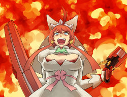 Rule 34 | 1girl, ahoge, arc system works, blue eyes, breasts, bridal veil, clover, crazy, crazy smile, dress, earrings, elphelt valentine, four-leaf clover, guilty gear, guilty gear xrd, gun, jewelry, large breasts, open mouth, red hair, red ribbon, ribbon, rokuro, short hair, shotgun, smile, solo, veil, weapon, wedding dress