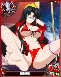 Rule 34 | 1girl, barefoot, bikini, bikini under clothes, black hair, blue-framed eyewear, blush, bow, breasts, brown eyes, card (medium), character name, chess piece, cleavage, closed mouth, feet, glasses, hat, high school dxd, indoors, large breasts, long hair, looking at viewer, navel, no pants, official art, open clothes, purple bow, queen (chess), red bikini, shinra tsubaki, sitting, soles, solo, spread legs, swimsuit, toes, torn bikini, torn clothes, trading card, underboob, very long hair, winter clothes