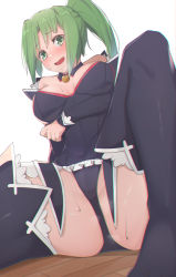 Rule 34 | 1girl, :d, arm under breasts, bare shoulders, black dress, black panties, black thighhighs, blush, boots, breasts, covered navel, detached collar, detached sleeves, dress, embarrassed, frilled dress, frills, green eyes, green hair, highres, higurashi no naku koro ni, knee up, long hair, looking at viewer, medium breasts, nervous smile, open mouth, panties, ponytail, skin tight, smile, solo, sonozaki mion, spread legs, thigh boots, thighhighs, tostos, underwear
