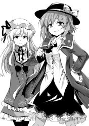 Rule 34 | &gt;:), 2girls, ascot, bow, breasts, coat, collared shirt, dress, e.o., fedora, greyscale, hair ribbon, hand on own hip, hat, hat bow, highres, maribel hearn, medium breasts, mob cap, monochrome, multiple girls, pantyhose, ribbon, shirt, skirt, sleeves past wrists, small breasts, smile, smug, touhou, tress ribbon, usami renko, v-shaped eyebrows, v arms, wide sleeves