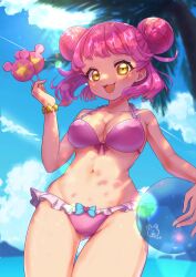 Rule 34 | 1girl, :d, ball, beachball, bikini, blue sky, bracelet, breasts, candy, cleavage, cloud, commentary request, cowboy shot, day, double bun, food, frilled bikini, frills, hair bun, highres, holding, holding ball, holding beachball, holding candy, holding food, holding lollipop, jewelry, kiracchu (pri chan), kiratto pri chan, lollipop, looking at viewer, medium breasts, moukinui, navel, open mouth, outdoors, palm tree, pink bikini, pink hair, pretty series, short hair, sky, smile, solo, standing, star-shaped pupils, star (symbol), swimsuit, symbol-shaped pupils, tree, water, yellow eyes