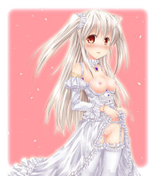 Rule 34 | 1girl, ahoge, blush, bracelet, breasts, brooch, censored, cleavage, clothes lift, detached collar, detached sleeves, dress, dress lift, frills, fujimoto akio, garter belt, garter straps, hair ornament, jewelry, long hair, naughty face, nipples, open mouth, original, pussy, red eyes, silver hair, simple background, small breasts, solo, thighhighs, twintails, white dress, white thighhighs