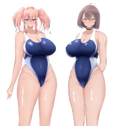 Rule 34 | 2girls, ahoge, alternate costume, arms behind back, azur lane, baltimore (azur lane), bare shoulders, black choker, blush, braid, breasts, bremerton (azur lane), brown hair, choker, cleavage, closed mouth, competition swimsuit, eagle union (emblem), grey hair, hair between eyes, highleg, highleg swimsuit, highres, huge breasts, impossible clothes, impossible swimsuit, large breasts, long hair, mole, mole on breast, mole under eye, multicolored clothes, multicolored hair, multicolored swimsuit, multiple girls, one-piece swimsuit, pink eyes, pink hair, plump, ranhatu, shiny skin, shirt, short hair, side braid, smile, standing, streaked hair, swimsuit, thighs, twintails, two-tone hair, white shirt, yellow eyes