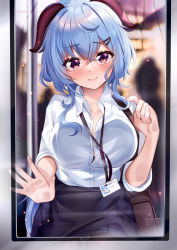 Rule 34 | 1girl, against glass, black bra, black skirt, blue hair, blurry, blurry background, blush, bra, bra peek, breasts, button gap, closed mouth, collarbone, collared shirt, commentary, contemporary, cowboy shot, crossed bangs, dot nose, dress shirt, english commentary, foreshortening, ganyu (genshin impact), genshin impact, goat horns, hair ornament, hairclip, hand up, highres, horns, id card, lanyard, large breasts, long hair, looking at viewer, miniskirt, office lady, purple eyes, raised eyebrows, shirt, skirt, solo, squchan, standing, train, underwear, very long hair, white shirt, wing collar