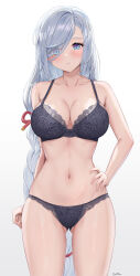 Rule 34 | 1girl, absurdres, black bra, black panties, blue eyes, blush, bow, bow bra, bow panties, bra, breasts, cleavage, collarbone, commentary request, dokimaru, eyes visible through hair, genshin impact, gluteal fold, grey hair, hair over one eye, hand on own hip, highres, lace, lace bra, lace panties, large breasts, lingerie, long braid, long hair, looking at viewer, navel, panties, shenhe (genshin impact), solo, string panties, thighs, underwear, underwear only, white background