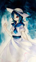 Rule 34 | 1girl, black sclera, blue hair, blue neckerchief, blue sash, colored sclera, commentary request, dress, flat chest, hair over one eye, hand up, hat, kaigen 1025, louise (touhou), medium hair, neckerchief, no mouth, painting (medium), sailor dress, sash, short sleeves, solo, touhou, touhou (pc-98), traditional media, watercolor (medium), white dress, white hat
