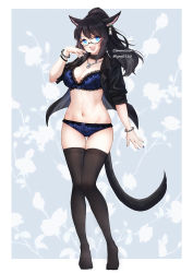 Rule 34 | 1girl, animal ears, warrior of light (ff14), black hair, black shirt, black thighhighs, blue bra, blue eyes, blue panties, bow, bow panties, bra, bracelet, breasts, cat ears, cat tail, choker, commission, facial mark, final fantasy, final fantasy xiv, full body, highres, jewelry, lace, lace-trimmed bra, lace-trimmed panties, lace trim, large breasts, long hair, looking at viewer, lyra-kotto, miqo&#039;te, navel, necklace, no pants, open clothes, open mouth, open shirt, panties, ponytail, shirt, simple background, solo, tail, thighhighs, two-tone background, underwear, whisker markings