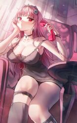 Rule 34 | 1girl, absurdres, bare shoulders, breasts, cleavage, han seol, highres, hololive, hololive english, holomyth, large breasts, long hair, looking at viewer, mori calliope, phone, pink eyes, pink hair, sitting, solo, virtual youtuber