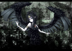 Rule 34 | 1girl, aqua eyes, armband, armpits, bare shoulders, black dress, black hair, black wings, bracelet, colored sclera, colored skin, cowboy shot, dress, duel monster, emblem, expressionless, fabled grimro, feathers, female focus, fingernails, green eyes, hair between eyes, head tilt, highres, jewelry, letterboxed, long hair, looking at viewer, necklace, outstretched arms, pale skin, pointy ears, red sclera, shadow, shintani tsushiya, solo, standing, tiara, wall, wallpaper, white skin, wings, yu-gi-oh!, yu-gi-oh! duel monsters