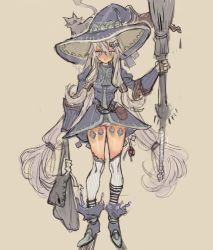 Rule 34 | 1girl, animal, arutera, bad id, bad pixiv id, bag, broom, brown background, cat, dress, full body, hair ornament, hairclip, hat, long hair, looking at viewer, original, pouch, simple background, thighhighs, twintails, very long hair, white hair, witch hat
