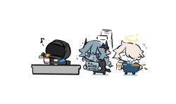Rule 34 | 1other, 2boys, angry, arknights, chibi, coffee, cup, cup ramen, disposable coffee cup, disposable cup, doctor (arknights), enforcer (arknights), english text, halo, horns, multiple boys, musical note, purple eyes, puzzle (arknights), shidare (youh4016), short hair, simple background, smile, sweatdrop, white background, white hair, wings