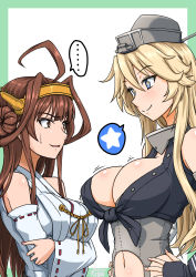 Rule 34 | ..., 10s, 2girls, :d, ahoge, bare shoulders, blonde hair, blue eyes, blush, breast envy, breasts, brown eyes, brown hair, cleavage, commentary request, crossed arms, detached sleeves, double bun, fingerless gloves, gloves, hands on own hips, headband, headgear, highres, iowa (kancolle), kantai collection, kongou (kancolle), koutarou (plusdrive), large breasts, long hair, multiple girls, navel, nontraditional miko, open mouth, parted lips, smile, spoken star, star-shaped pupils, star (symbol), sweat, symbol-shaped pupils
