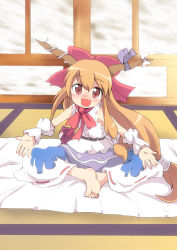 Rule 34 | 1girl, bare shoulders, barefoot, blush, child, female focus, gourd, horns, ibuki suika, indian style, long hair, massala, multiple girls, open mouth, orange hair, outstretched arms, shirt, sitting, skirt, sleeveless, sleeveless shirt, smile, solo, spread arms, tatami, touhou, very long hair, wrist cuffs