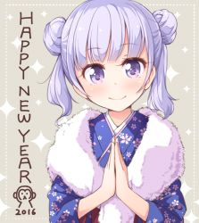 Rule 34 | 10s, 1girl, 2016, blush, dot nose, double bun, grey background, happy new year, japanese clothes, looking at viewer, monkey, new game!, new year, official art, own hands together, purple eyes, purple hair, smile, solo, sparkle, suzukaze aoba, tokunou shoutarou, twintails