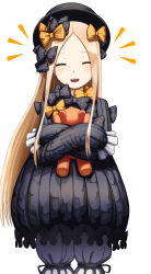 Rule 34 | 1girl, :d, abigail williams (fate), absurdres, black bow, black dress, black hat, blonde hair, bloomers, bow, bug, butterfly, closed eyes, commentary request, dress, facing viewer, fate/grand order, fate (series), forehead, hair bow, hat, highres, hugging object, insect, long hair, long sleeves, notice lines, open mouth, orange bow, parted bangs, polka dot, polka dot bow, sanpeita, simple background, sleeves past fingers, sleeves past wrists, smile, solo, stuffed animal, stuffed toy, teddy bear, teeth, underwear, upper teeth only, very long hair, white background, white bloomers