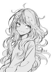 Rule 34 | 1girl, closed mouth, curly hair, greyscale, hakuri, looking to the side, monochrome, original, solo, white background