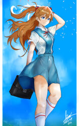 Rule 34 | 1girl, 2023, absurdres, ass, bag, bare legs, blue background, blue eyes, blue sky, breasts, brown hair, dated, floating hair, hair ornament, hand in own hair, highres, iknsk, interface headset, long hair, looking at viewer, medium breasts, neon genesis evangelion, open mouth, school bag, school uniform, shiny skin, simple background, skirt, sky, smile, solo, souryuu asuka langley, standing, suspender skirt, suspenders, tokyo-3 middle school uniform, twintails, two side up, very long hair, wide hips, wind