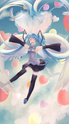 Rule 34 | 1girl, :d, absurdres, ahoge, armpits, black footwear, black skirt, black sleeves, blue hair, blue necktie, boots, closed eyes, collared shirt, detached sleeves, facing viewer, floating hair, full body, grey shirt, hair between eyes, hatsune miku, headset, highres, long hair, long sleeves, microphone, miniskirt, necktie, noneon319, open mouth, outstretched arms, outstretched hand, pleated skirt, shirt, skirt, sleeveless, sleeveless shirt, smile, solo, thigh boots, thighhighs, twintails, very long hair, vocaloid, wing collar, zettai ryouiki