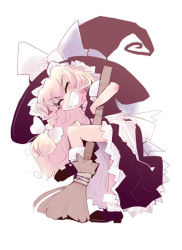 Rule 34 | 1girl, apron, bamboo broom, black footwear, black hat, black skirt, black vest, blonde hair, bow, braid, broom, closed eyes, female focus, frilled apron, frills, from side, full body, grin, hair bow, happy, hat, hat bow, hat ribbon, holding, holding broom, kirisame marisa, leaning forward, leg up, long hair, mary janes, ribbon, shirt, shoes, simple background, skirt, smile, socks, solo, standing, touhou, upskirt, usoneko, vest, waist apron, white apron, white background, white bow, white ribbon, white shirt, white socks, witch hat