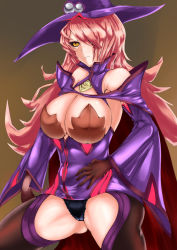 Rule 34 | 1girl, akaokuro oumu, arc system works, bare shoulders, black panties, black sclera, blazblue, blazblue: central fiction, breasts, cape, cleavage, colored sclera, detached sleeves, dress, frown, gloves, hair over one eye, hat, highres, huge breasts, konoe a. mercury, long hair, orange eyes, panties, phantom (blazblue), pink hair, shiny clothes, shiny skin, short dress, solo, thighhighs, underwear, witch hat