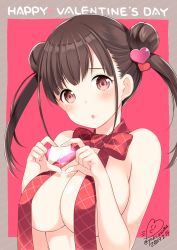 Rule 34 | 1girl, azuma yuki, bad id, bad pixiv id, bare shoulders, blush, bow, breasts, brown eyes, brown hair, chestnut mouth, cleavage, happy valentine, heart, highres, idolmaster, idolmaster shiny colors, large breasts, looking at viewer, open mouth, red bow, red ribbon, ribbon, solo, sonoda chiyoko, upper body