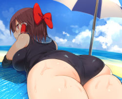 Rule 34 | 1girl, ass, beach towel, beach umbrella, benjamin button suukina jinsei, blue sky, bow, breasts, brown hair, cloud, cloudy sky, cookie (touhou), day, hair bow, hair ribbon, hair tubes, hakurei reimu, huge ass, large breasts, looking at viewer, looking back, lying, on stomach, one-piece swimsuit, open mouth, outdoors, red bow, red eyes, reu (cookie), ribbon, sand, sky, solo, swimsuit, thighs, touhou, towel, umbrella, water, wet