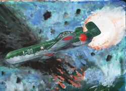 Rule 34 | aircraft, airplane, anago-san, battle, bomber, burning, damaged, explosion, fire, flying, g4m, highres, imperial japanese navy, japan, military, military vehicle, no humans, ocean, ohka (weapon), painting (medium), realistic, rocket, scan, smoke, the cockpit, the cockpit: sonic boom squadron, traditional media, water